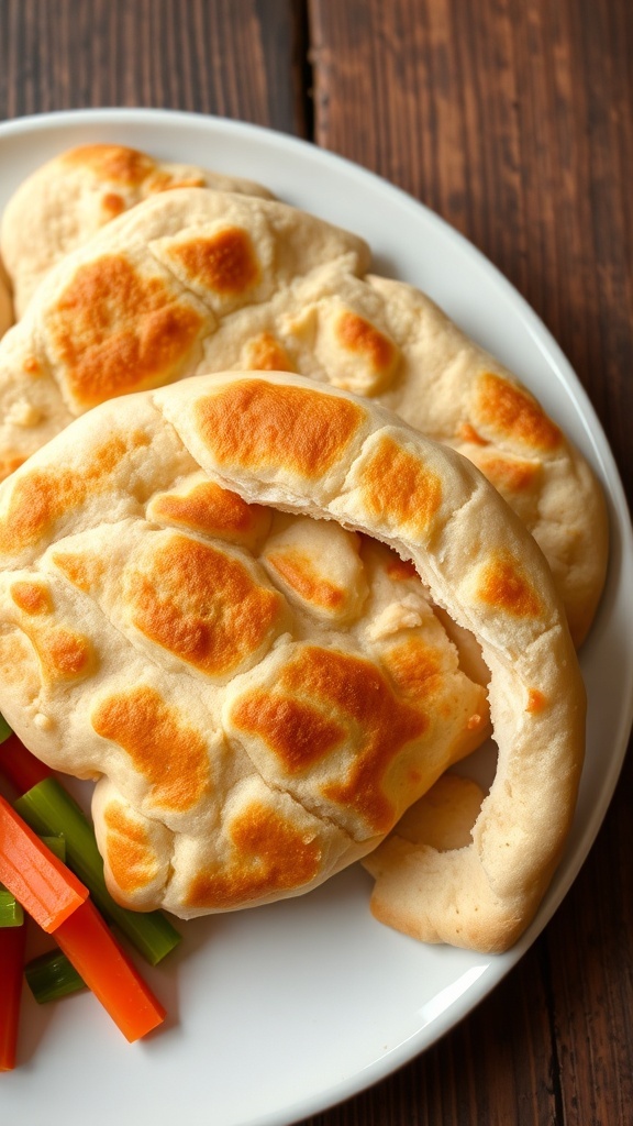 Freshly baked pita bread on a plate with hummus and vegetable sticks.
